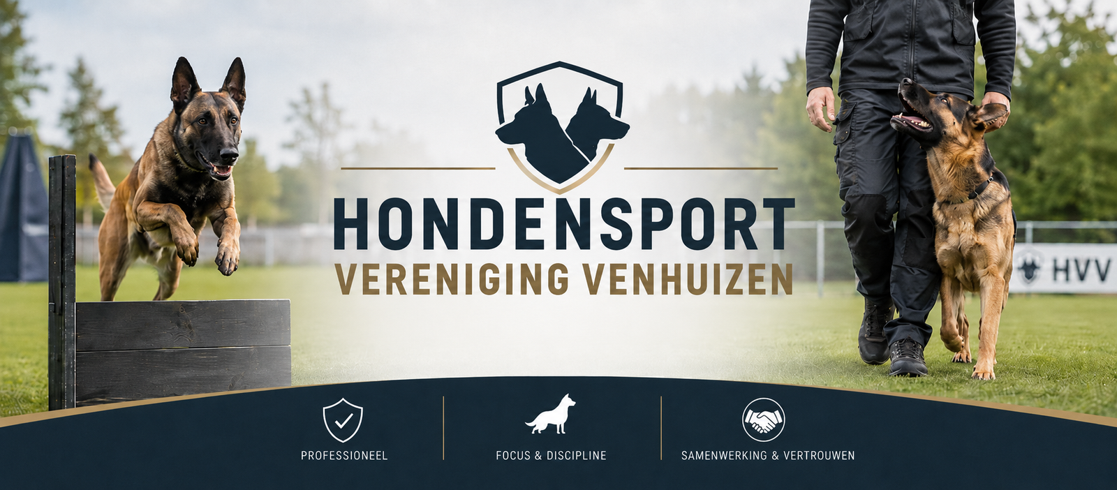 Hondensport Vereniging Venhuizen met twee diensthonden en een geleider op het trainingsveld
